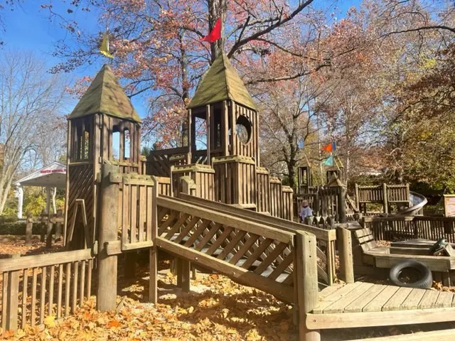 A wooden castle entrance for the kids play area